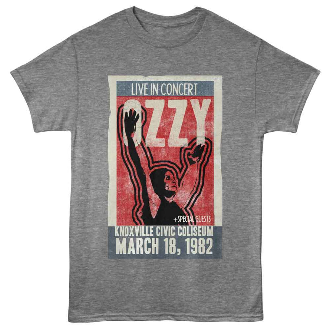 Gray t-shirt with Ozzy Osbourne concert poster design on a white background