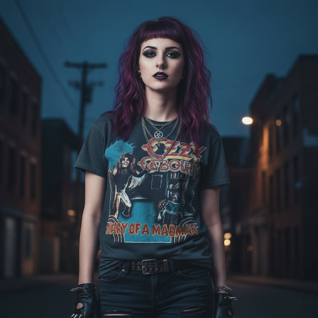 WOMAN WEARING Black t-shirt with Ozzy Osbourne graphic and 'Diary of a Madman' text OZZY529S, OZZY529M, OZZY529L, OZZY529XL, OZZY529XXL