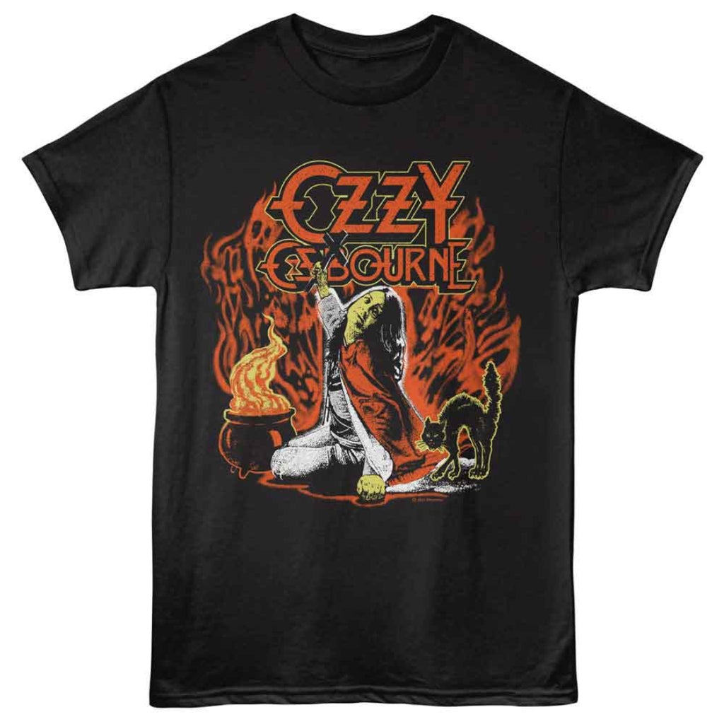 Black t-shirt with Ozzy Osbourne graphic design featuring a cat, cauldron, and flames.