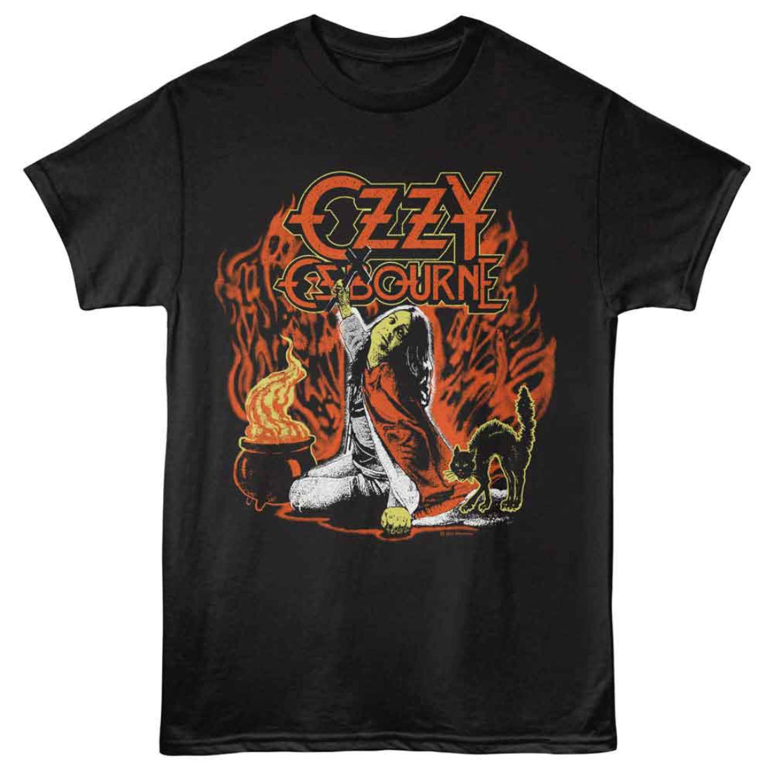 Black t-shirt with Ozzy Osbourne graphic design featuring a cat, cauldron, and flames.