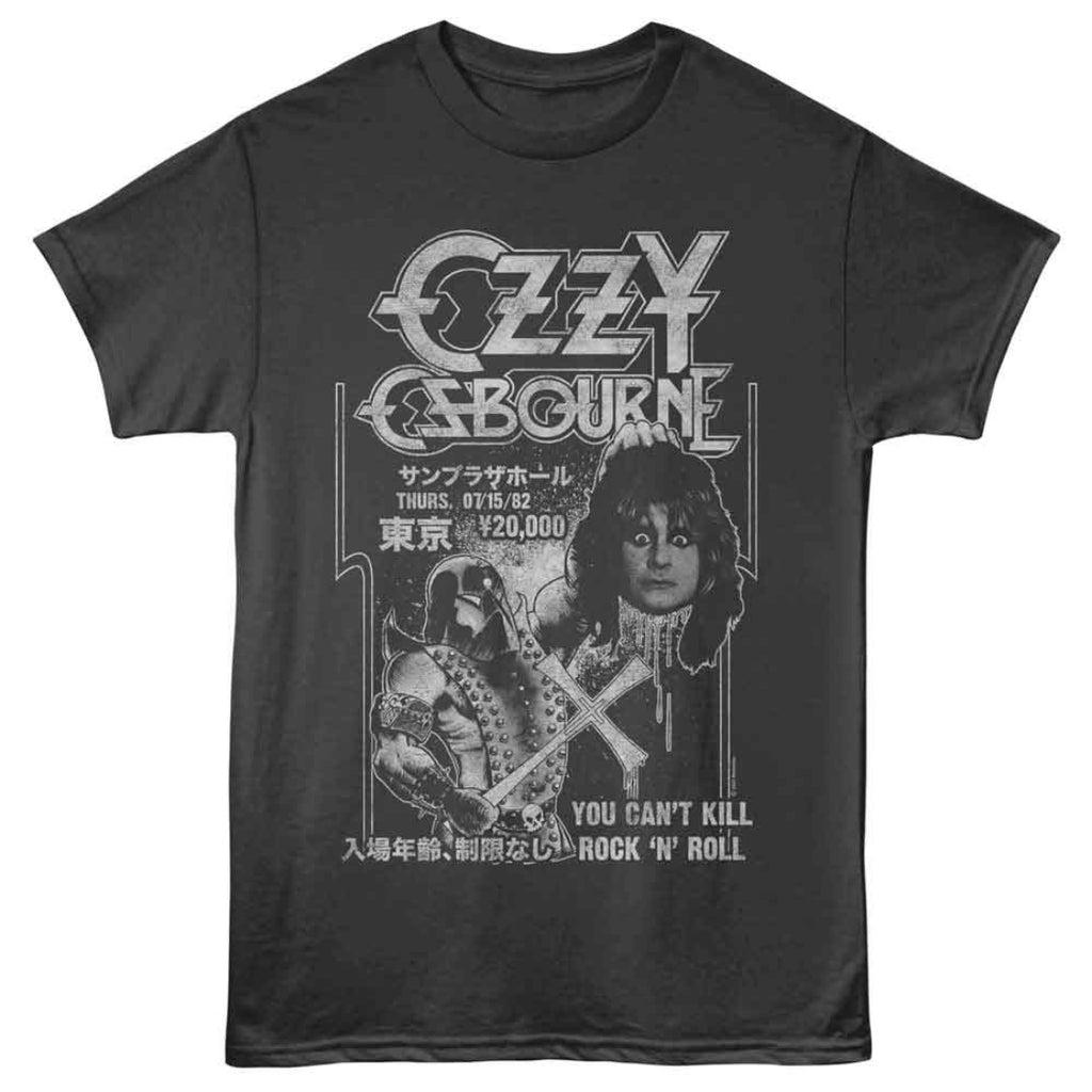 Black t-shirt with Ozzy Osbourne graphic design on a white background