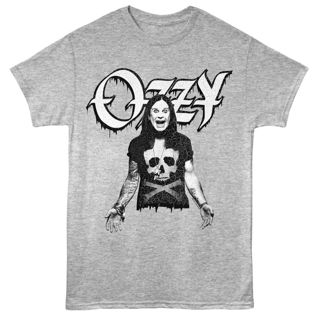 Gray t-shirt with a graphic of a person wearing a black shirt with a skull design and the 'Ozzy' logo above.