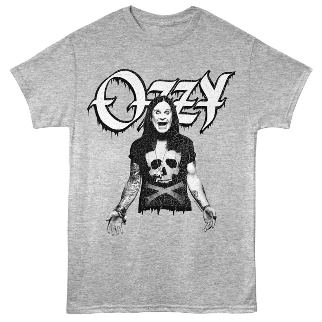 Gray t-shirt with a graphic of a person wearing a black shirt with a skull design and the 'Ozzy' logo above.