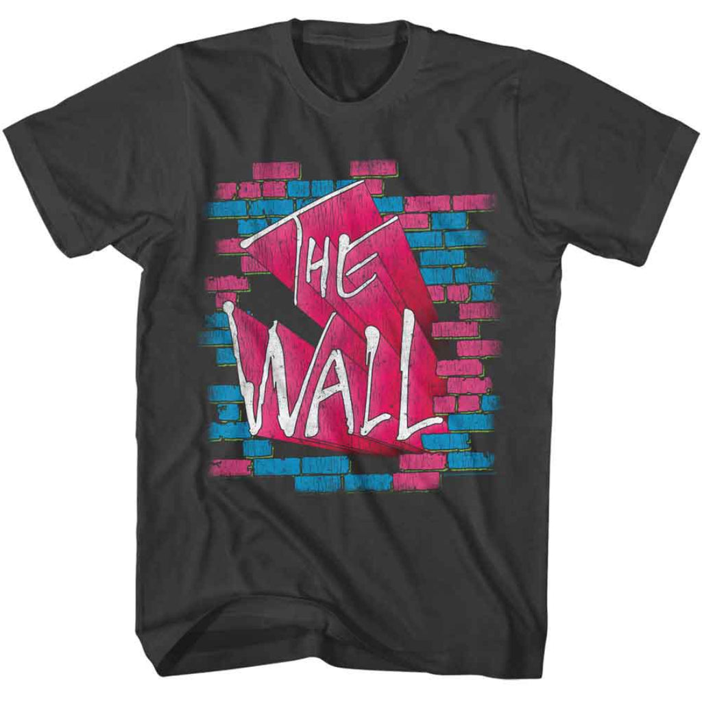 Black t-shirt with 'The Wall' graphic design featuring a pink and blue brick wall on a white background.