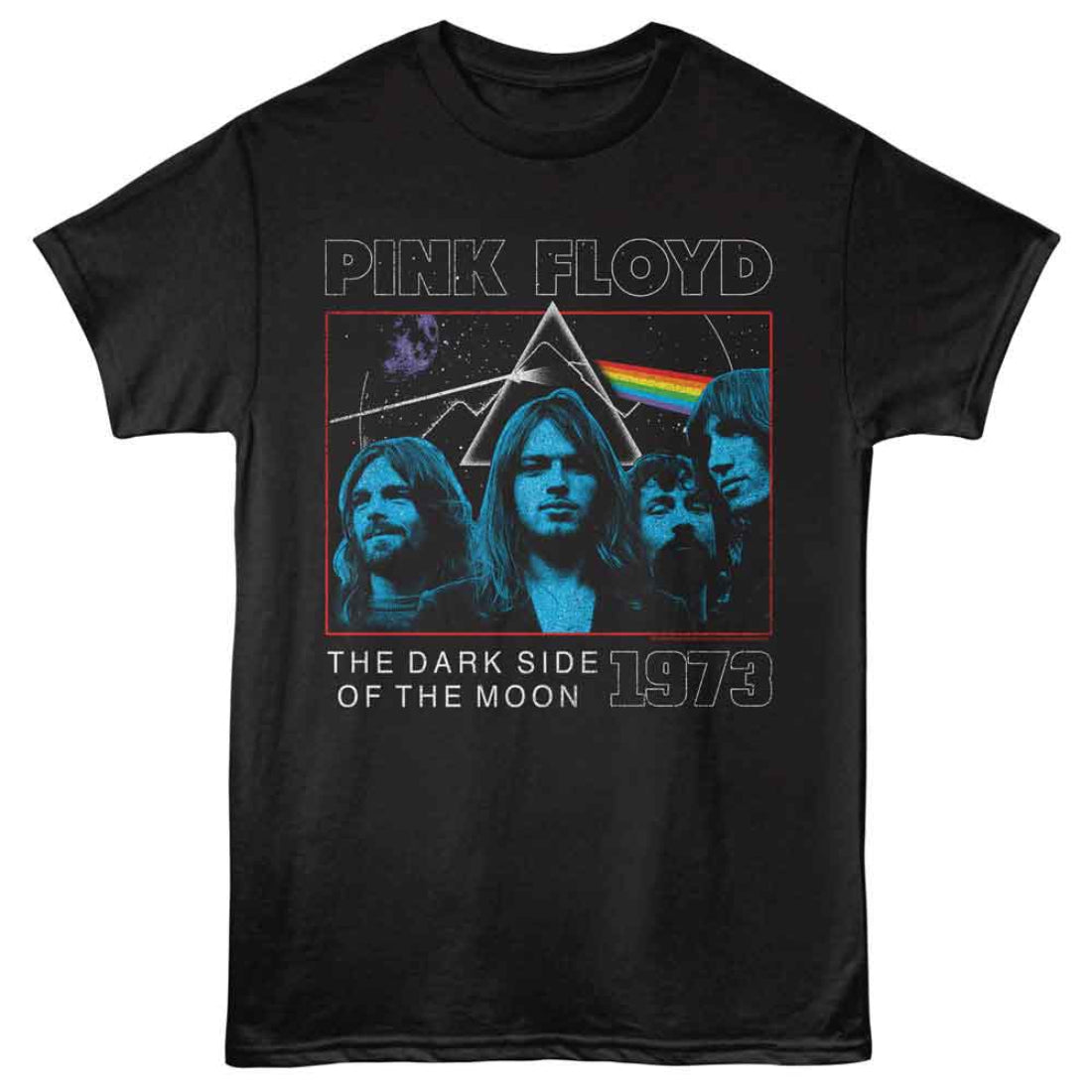 Black t-shirt with Pink Floyd graphic and text on a white background