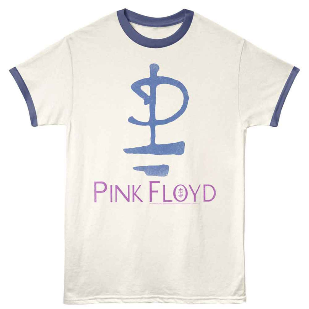 White t-shirt with blue ringer sleeves and Pink Floyd logo on a white background