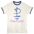 White t-shirt with blue ringer sleeves and Pink Floyd logo on a white background