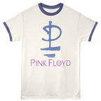 White t-shirt with blue ringer sleeves and Pink Floyd logo on a white background