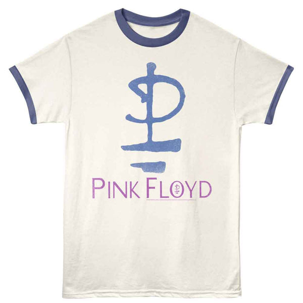 White t-shirt with blue ringer sleeves and Pink Floyd logo on a white background