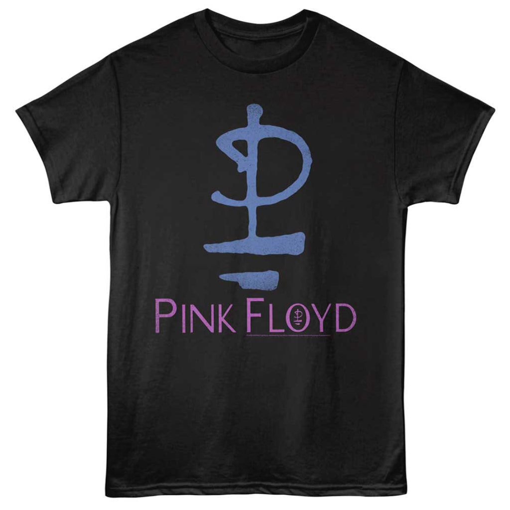 Black t-shirt with blue and pink 'Pink Floyd' logo on a white background