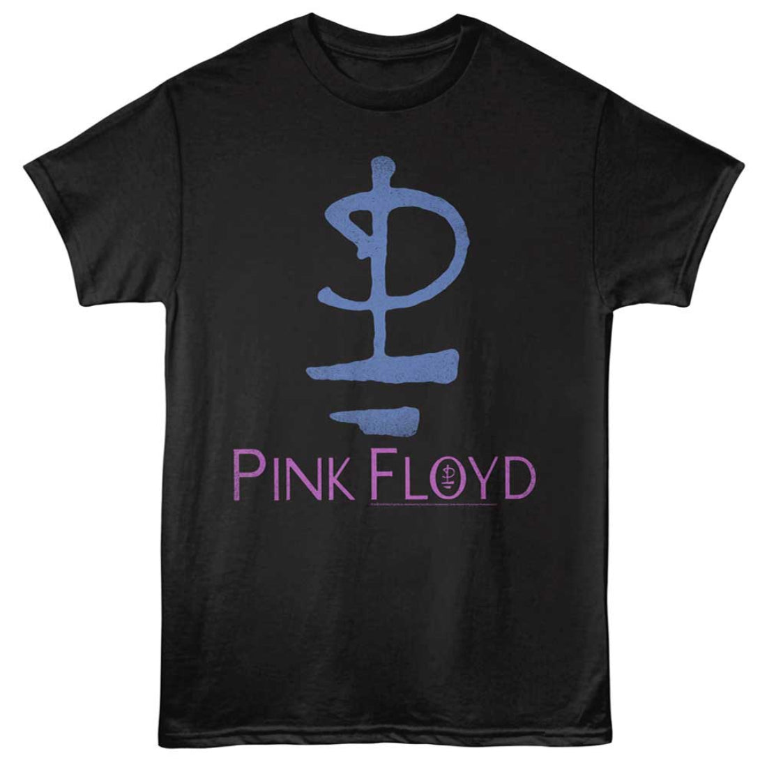 Black t-shirt with blue and pink 'Pink Floyd' logo on a white background