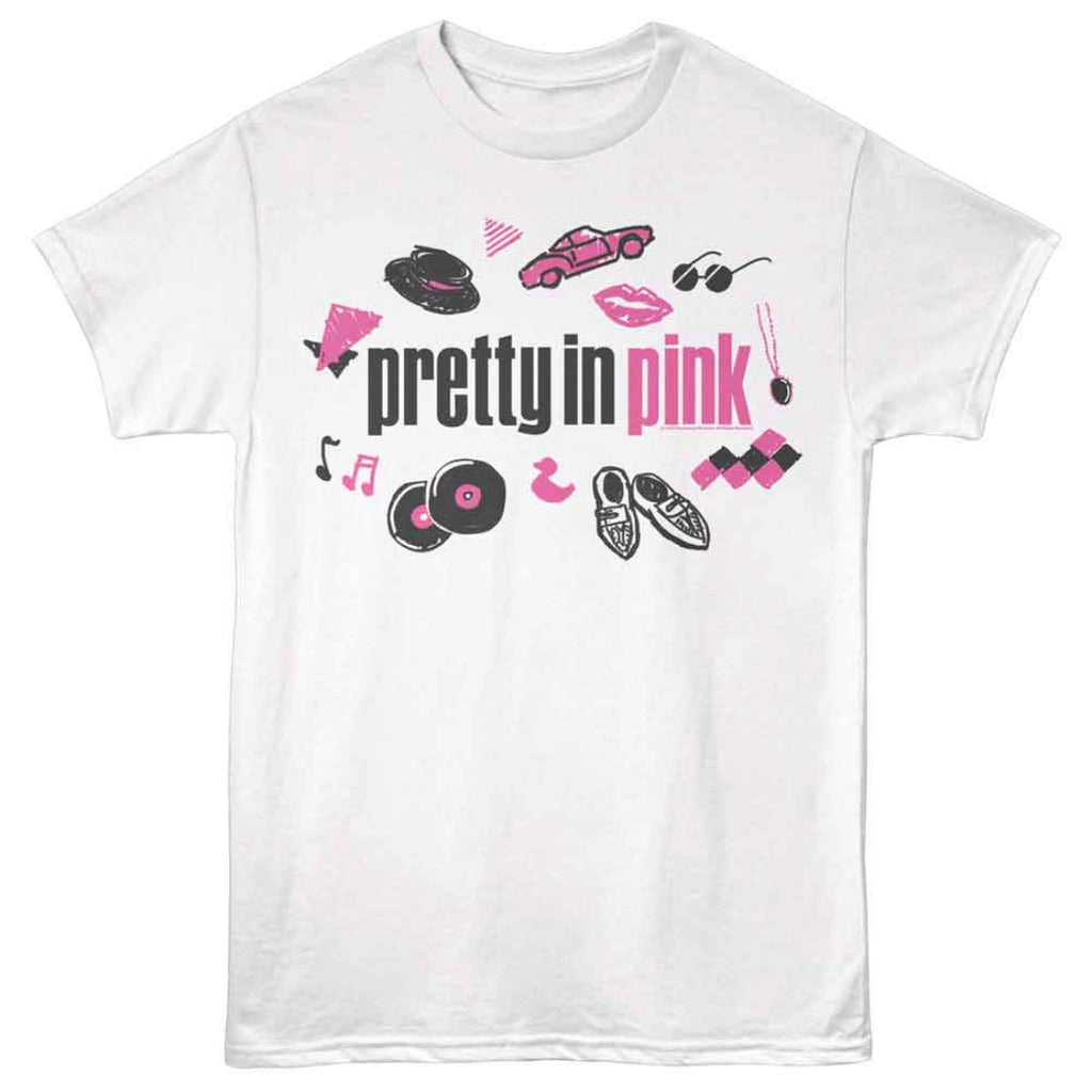 White t-shirt with 'pretty in pink' graphic design on a white background