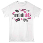 White t-shirt with 'pretty in pink' graphic design on a white background