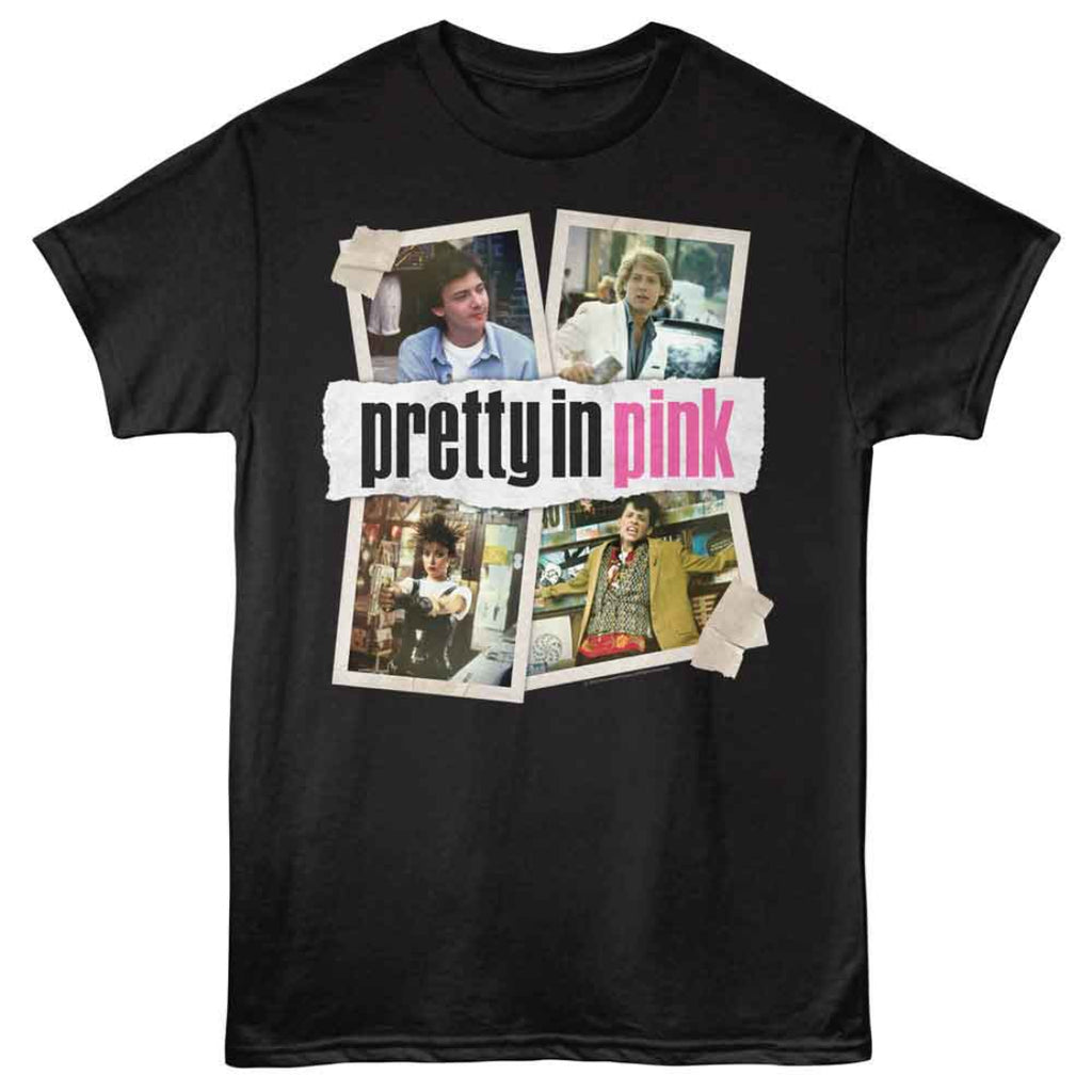 Black t-shirt with 'pretty in pink' graphic and character images on a white background