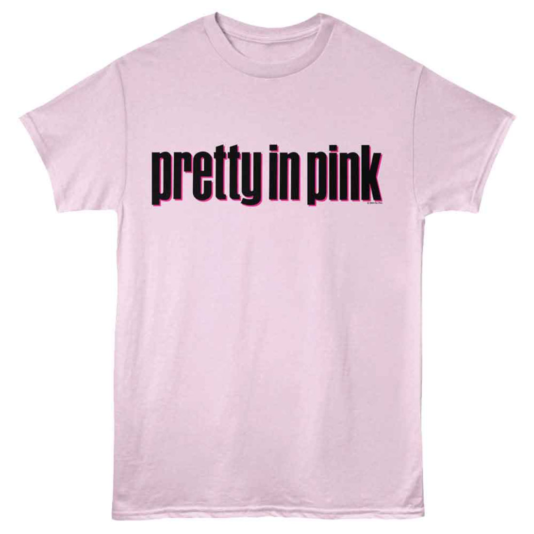 Pink t-shirt with 'pretty in pink' text on a white background
