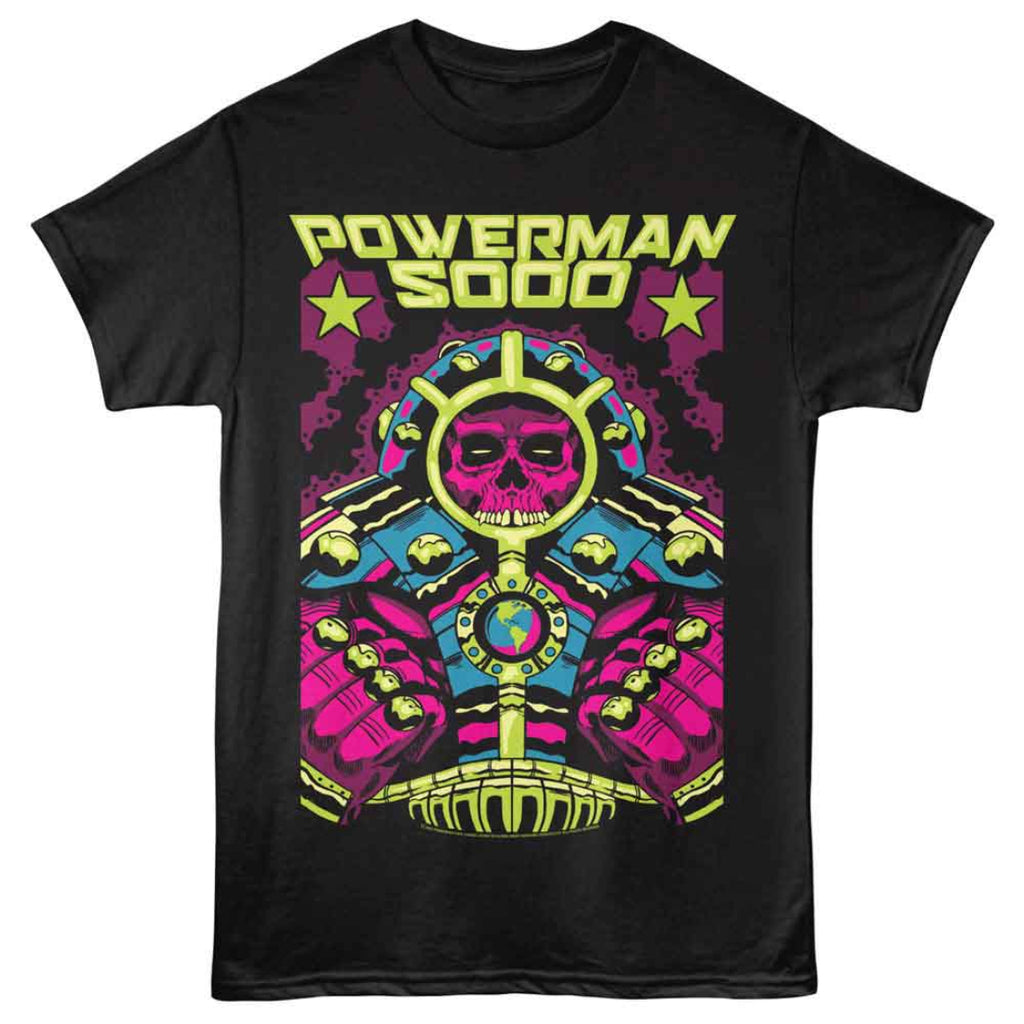 Black t-shirt with colorful graphic design and 'Powerman 5000' text on a white background