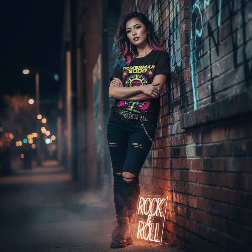 WOMAN WEARING Black t-shirt with colorful graphic design and 'Powerman 5000' text PMF501S, PMF501M, PMF501L, PMF501XL, PMF501XXL, PMF501XXXL, PMF501XXXXL, PMF501XXXXXL