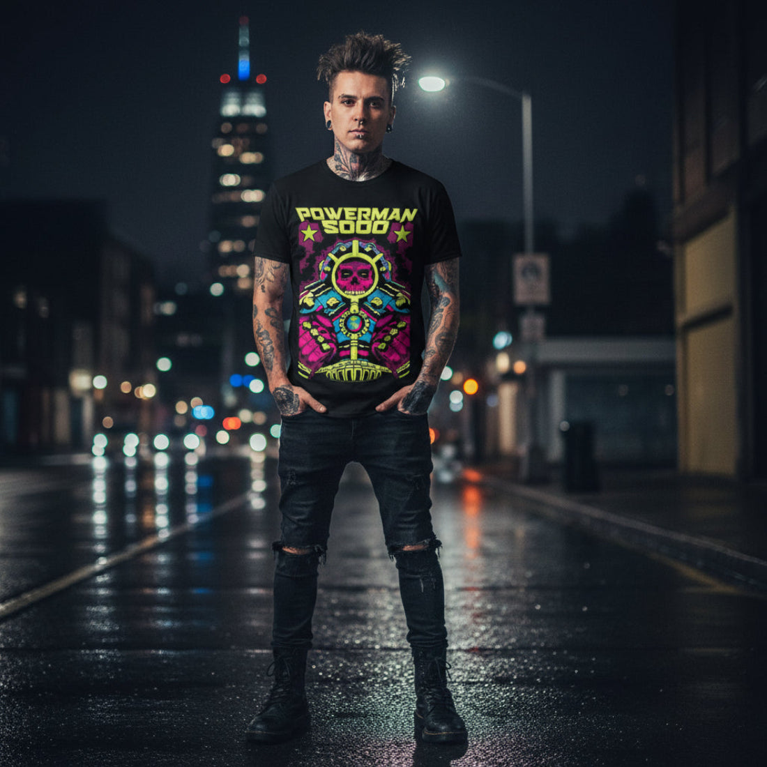 MAN WEARING Black t-shirt with colorful graphic design and 'Powerman 5000' text  PMF501S, PMF501M, PMF501L, PMF501XL, PMF501XXL, PMF501XXXL, PMF501XXXXL, PMF501XXXXXL