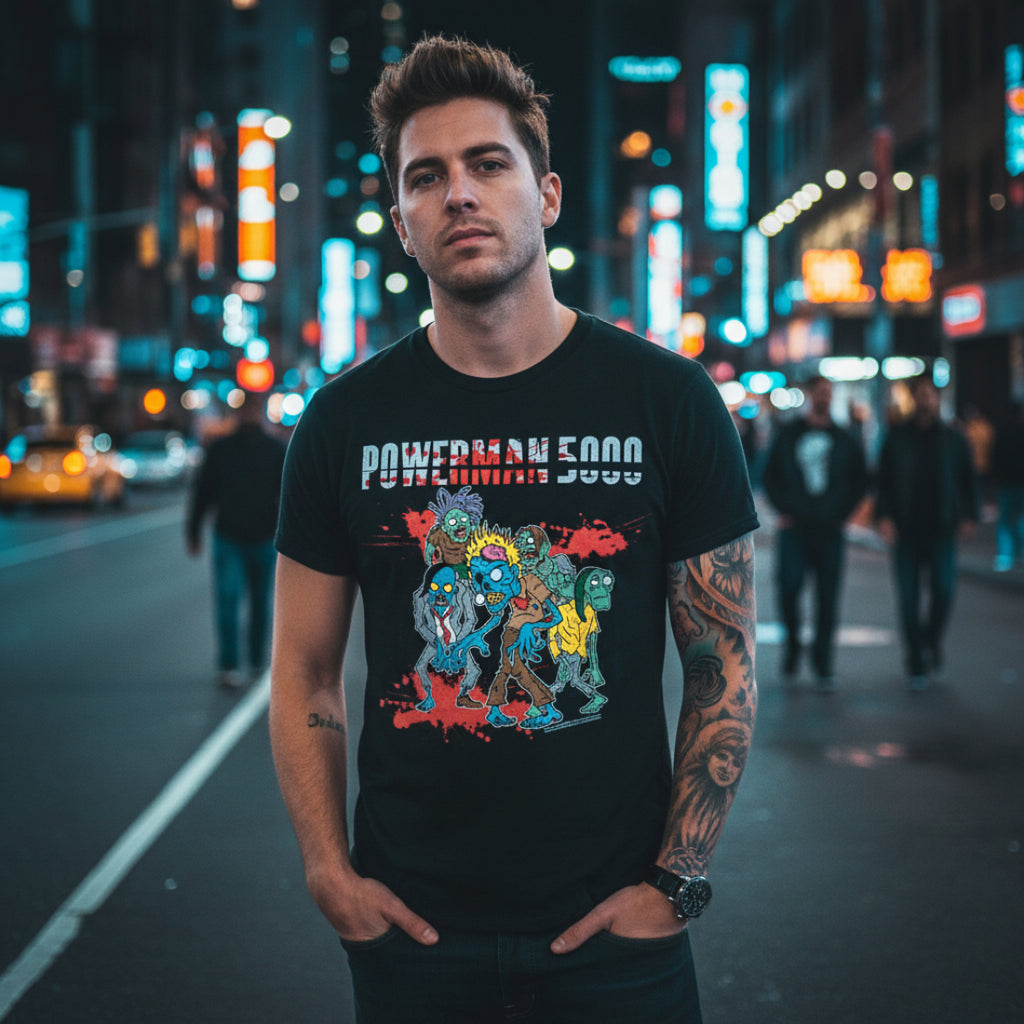 Black t-shirt with colorful graphic design and 'Powerman 5000' text  PMF502S, PMF502M, PMF502L, PMF502XL, PMF502XXL, PMF502XXXL, PMF502XXXXL, PMF502XXXXXL
