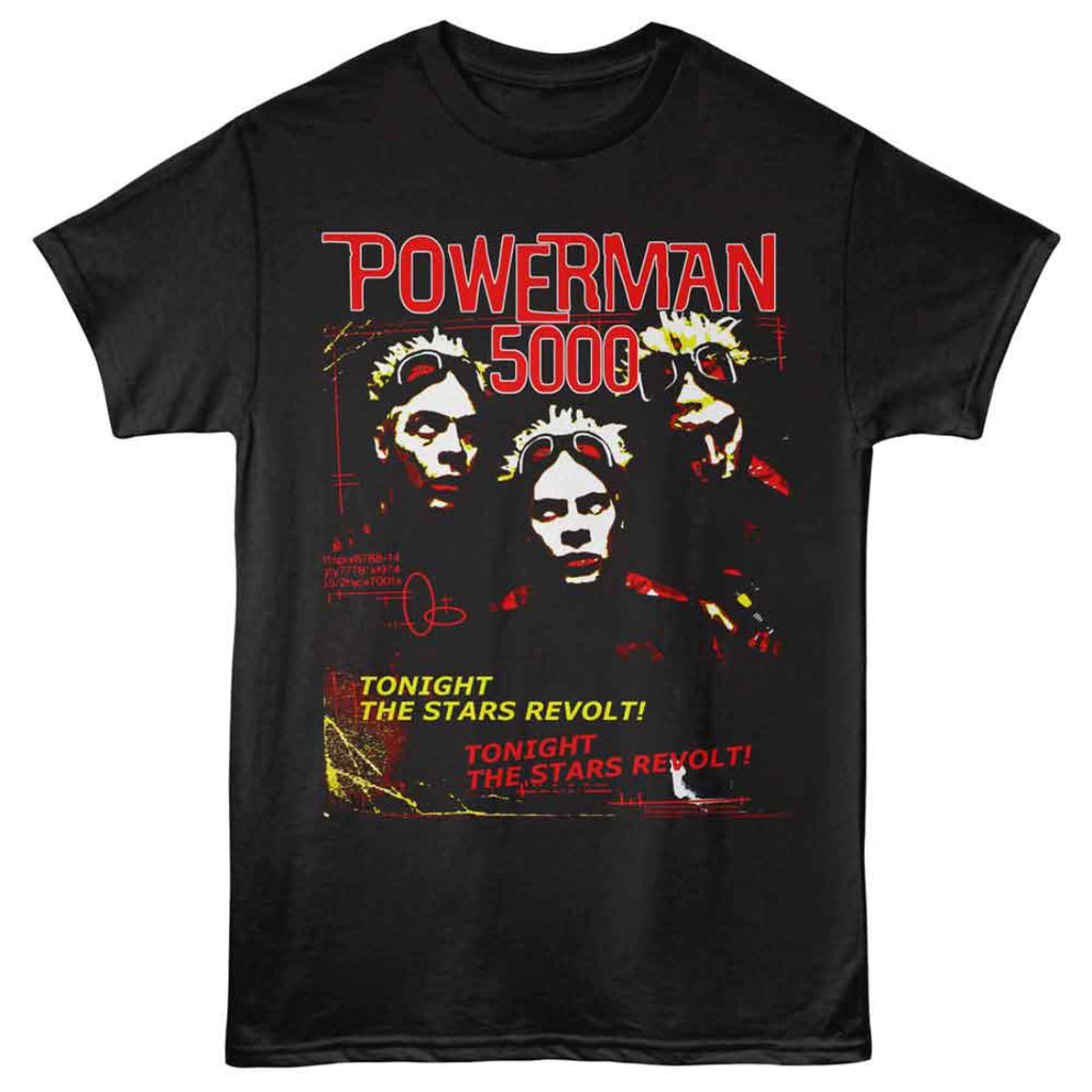 Black t-shirt with 'Powerman 5000' graphic design featuring band members and text.