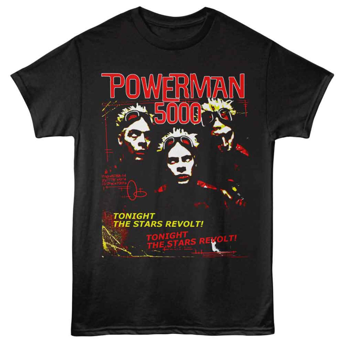 Black t-shirt with 'Powerman 5000' graphic design featuring band members and text.
