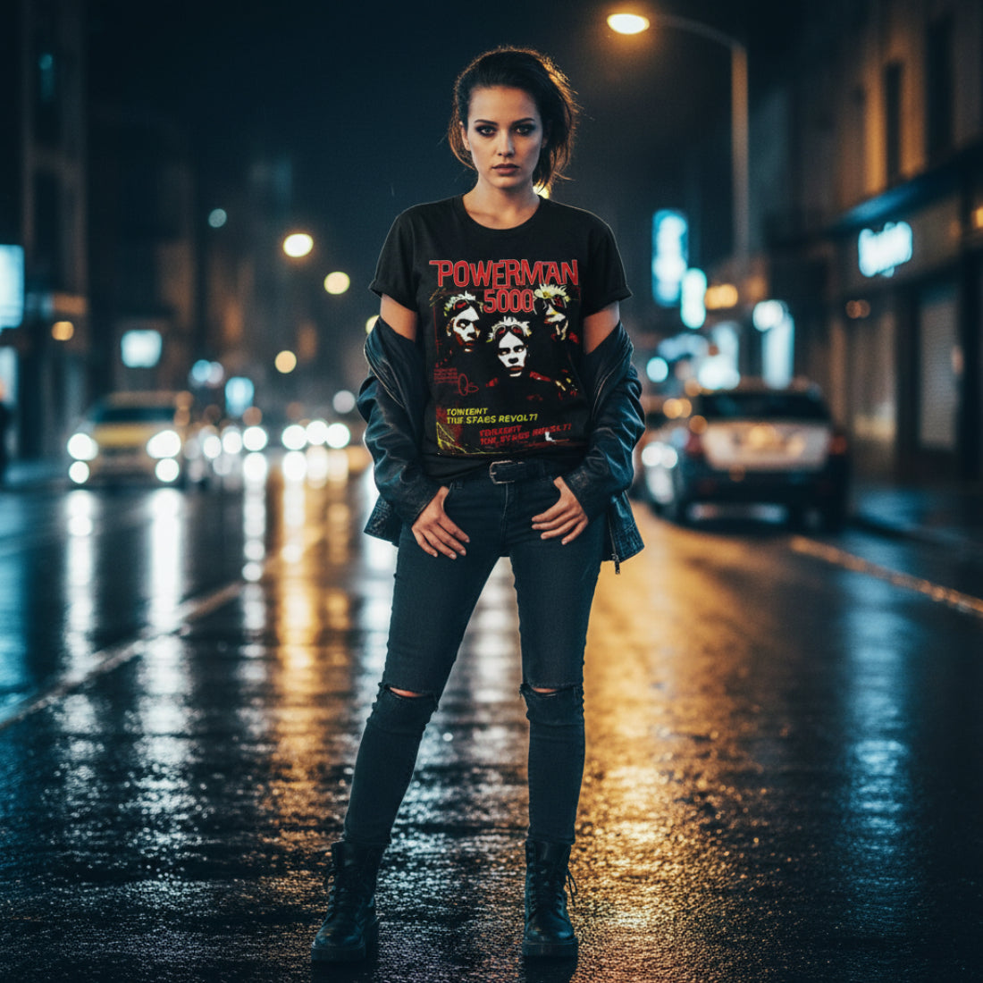 Woman wearing Black t-shirt with 'Powerman 5000' graphic design featuring two faces and text PMF503S, PMF503M, PMF503L, PMF503XL, PMF503XXL, PMF503XXXL, PMF503XXXXL, PMF503XXXXXL