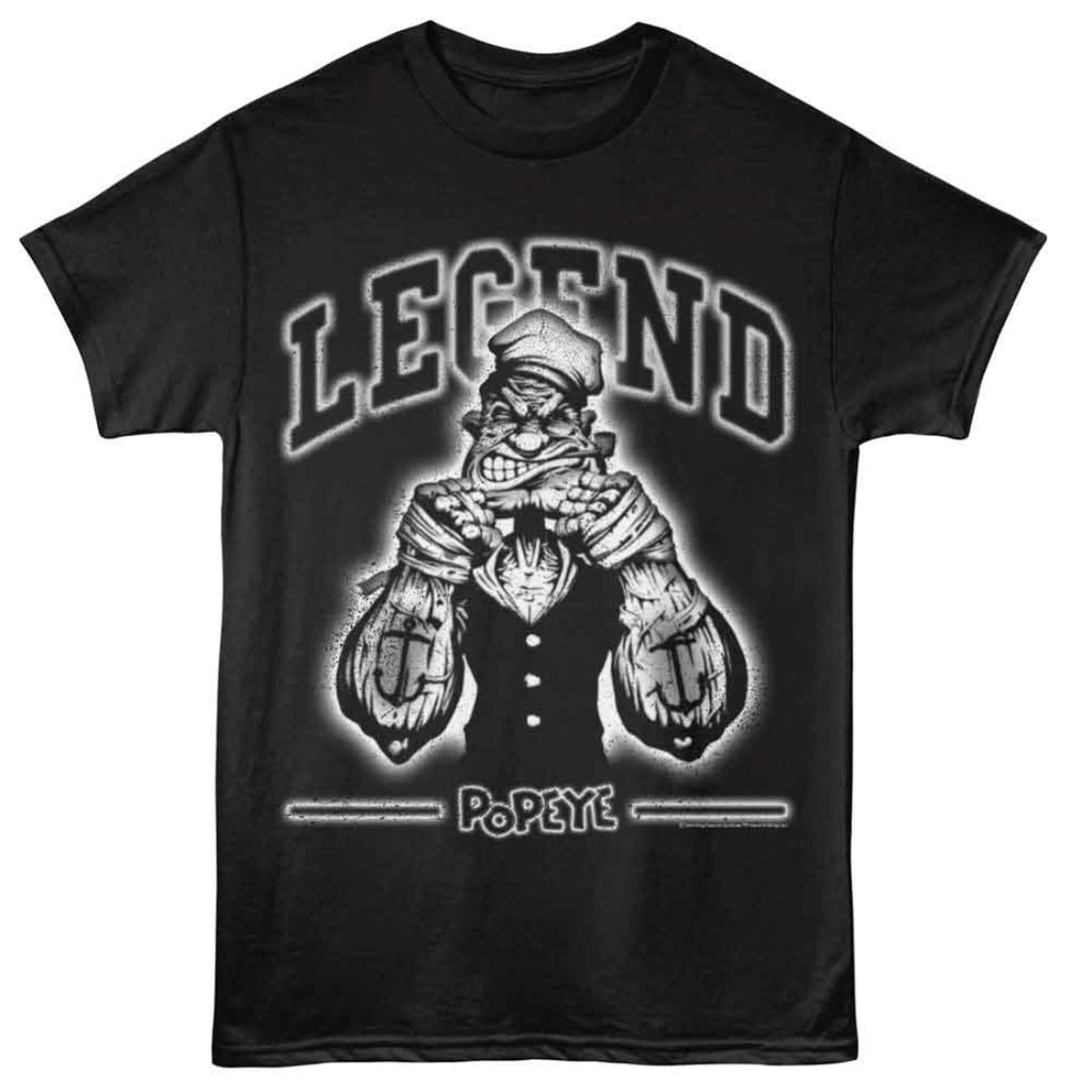 Black t-shirt with Popeye graphic and 'Legend' text on a white background