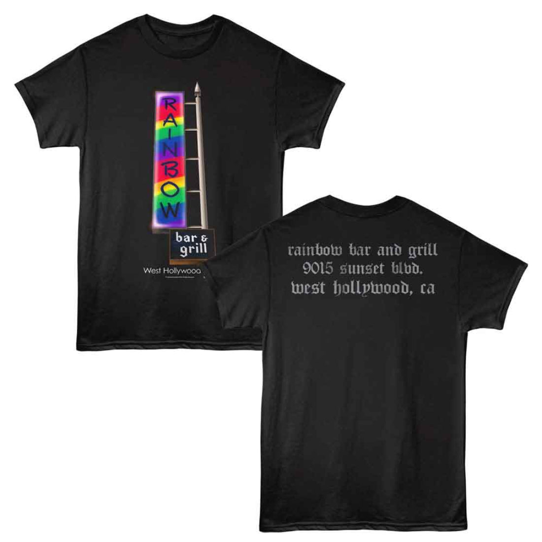 Black t-shirt with Rainbow Bar & Grill logo on front and text on back