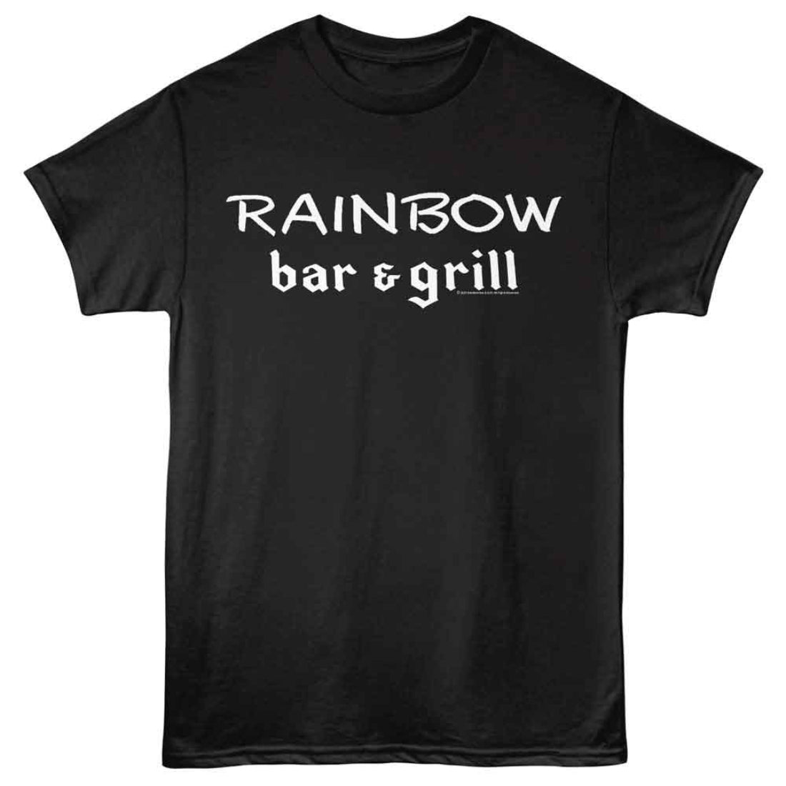 Black t-shirt with 'RAINBOW bar & grill' text in white on a white background