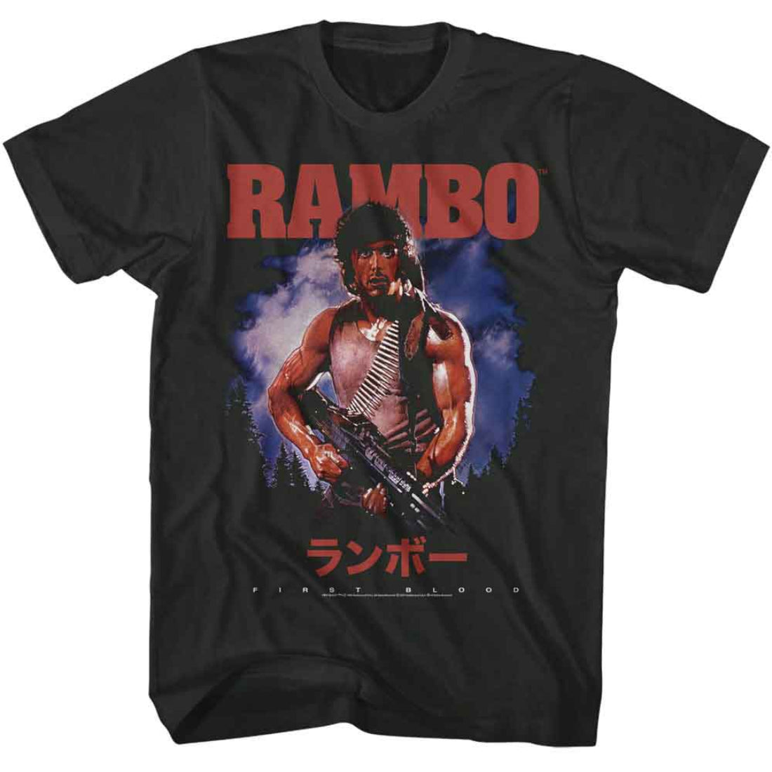 Black t-shirt with 'RAMBO' graphic design featuring a muscular figure holding a gun.