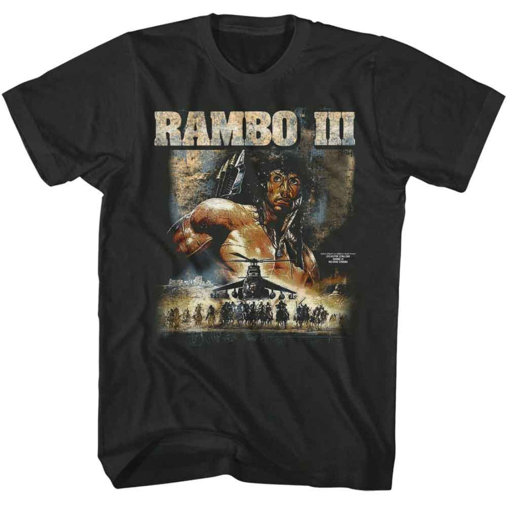 Black t-shirt with 'Rambo III' graphic design featuring a soldier and helicopter.