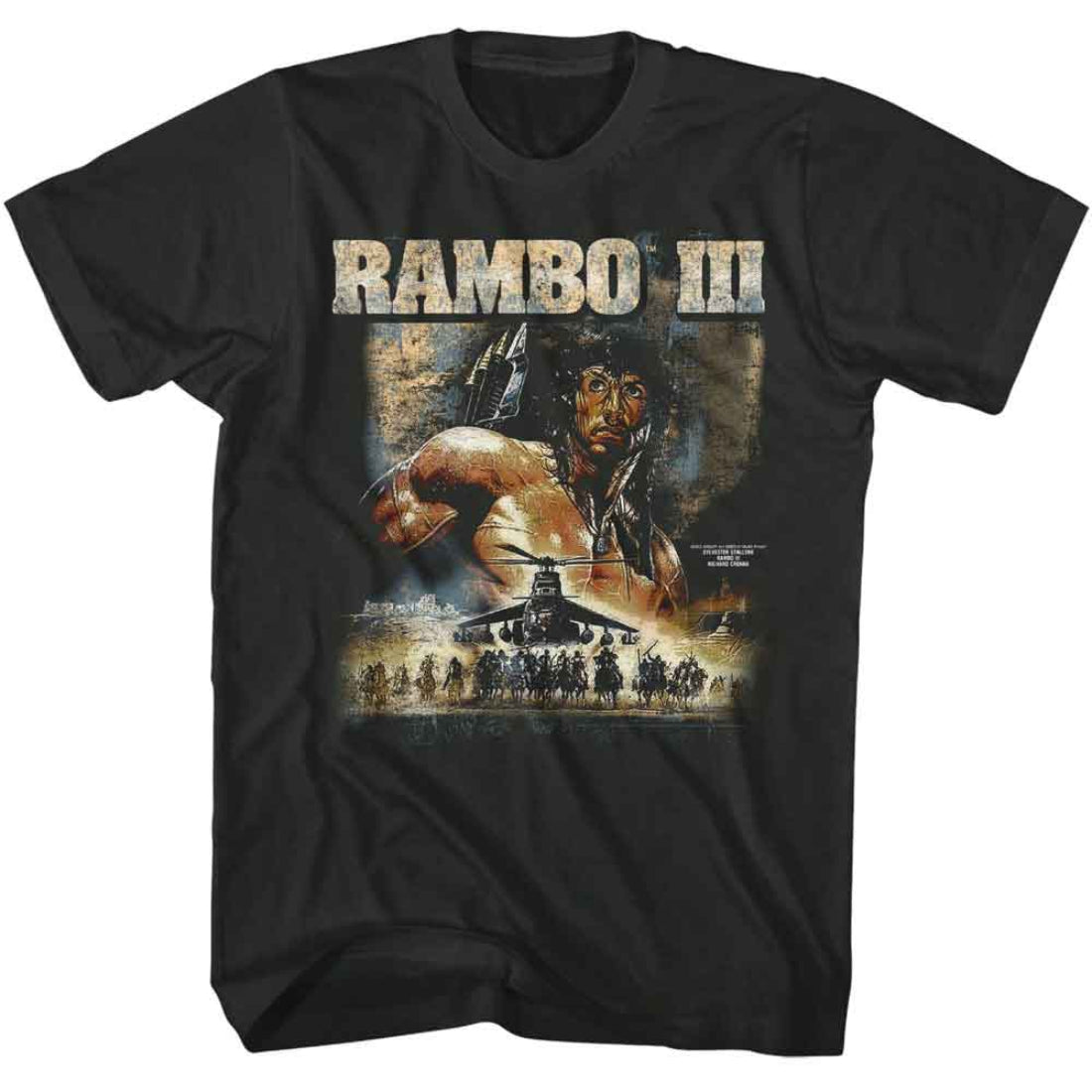 Black t-shirt with 'Rambo III' graphic design featuring a soldier and helicopter.