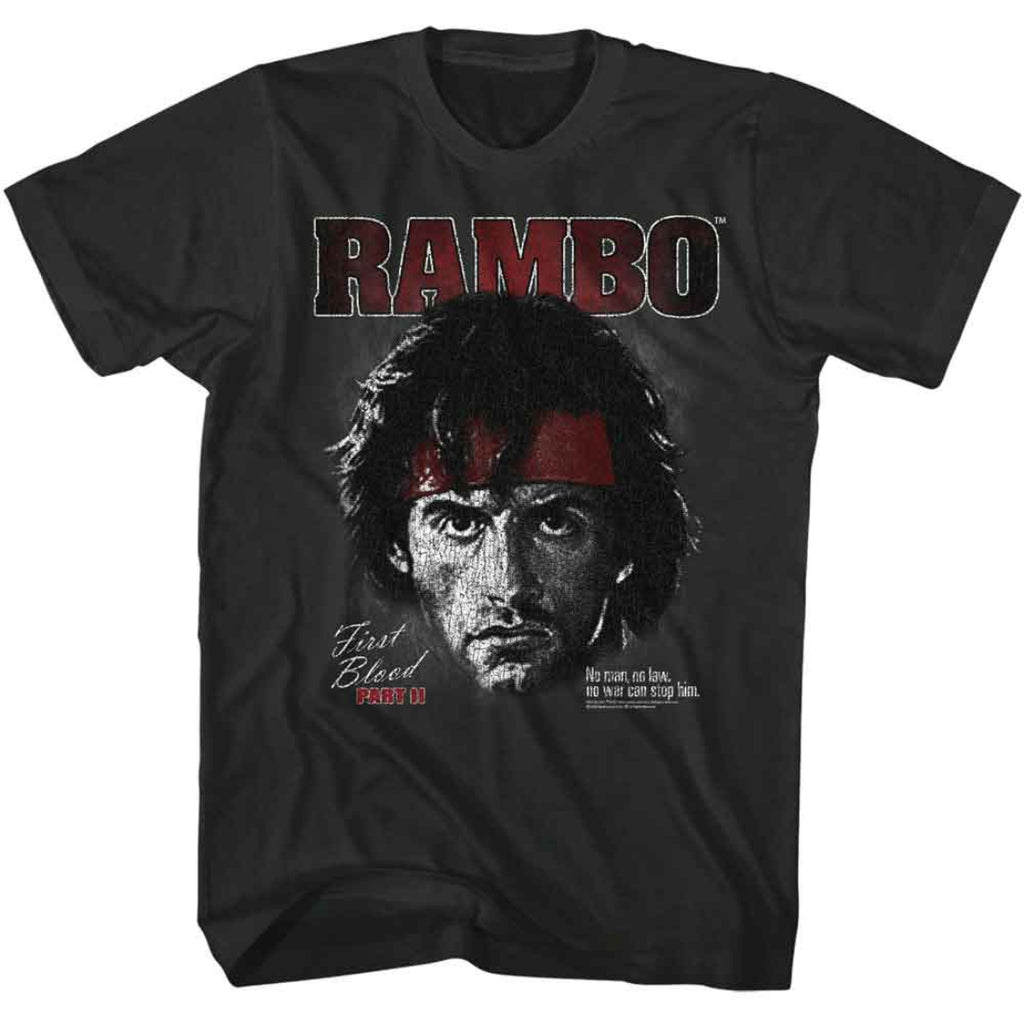 Black t-shirt with 'RAMBO' graphic design featuring a face and text.