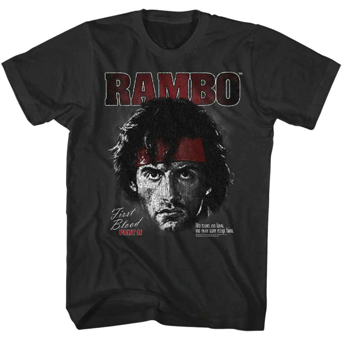 Black t-shirt with 'RAMBO' graphic design featuring a face and text.