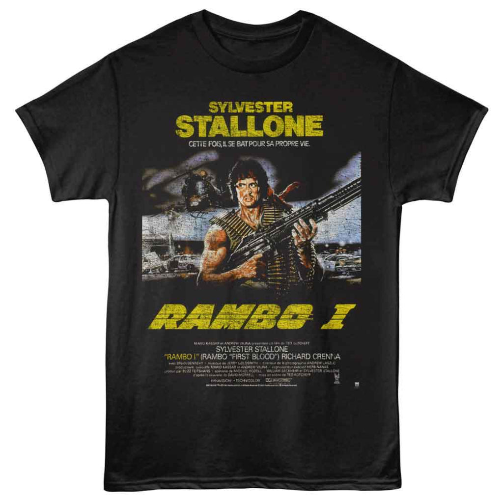 Black t-shirt with 'Rambo I' movie poster design featuring Sylvester Stallone.