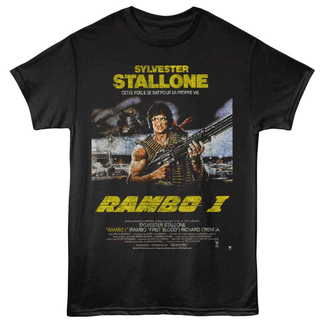 Black t-shirt with 'Rambo I' movie poster design featuring Sylvester Stallone.