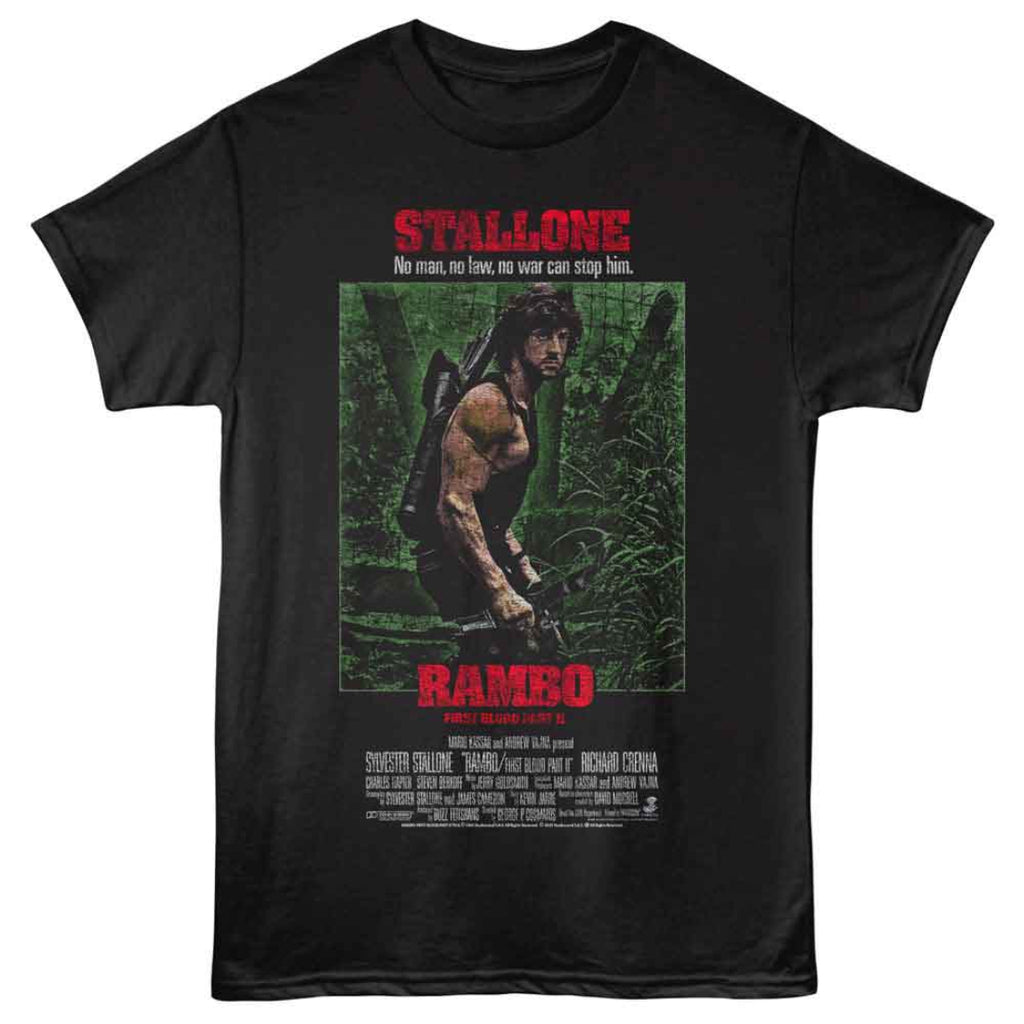 Black t-shirt with 'Rambo' movie poster design featuring Sylvester Stallone.