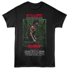 Black t-shirt with 'Rambo' movie poster design featuring Sylvester Stallone.