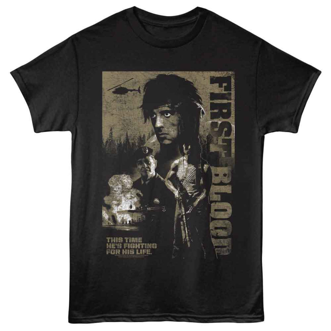 Black t-shirt with graphic design featuring Rambo and text 'First Blood' on a white background