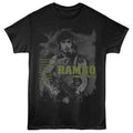 Black t-shirt with 'Rambo' graphic design on a white background