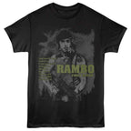 Black t-shirt with 'Rambo' graphic design on a white background