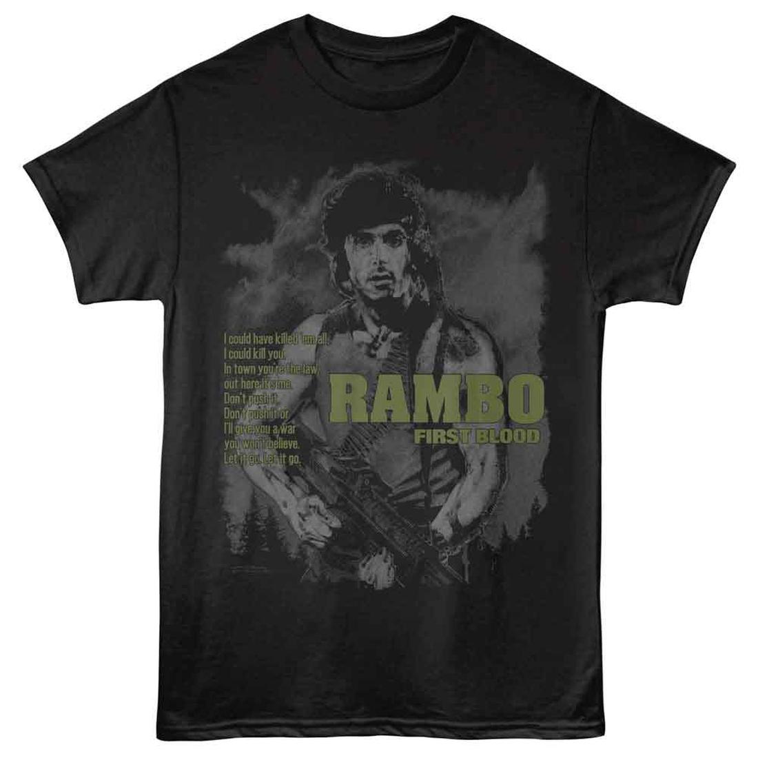 Black t-shirt with 'Rambo' graphic design on a white background