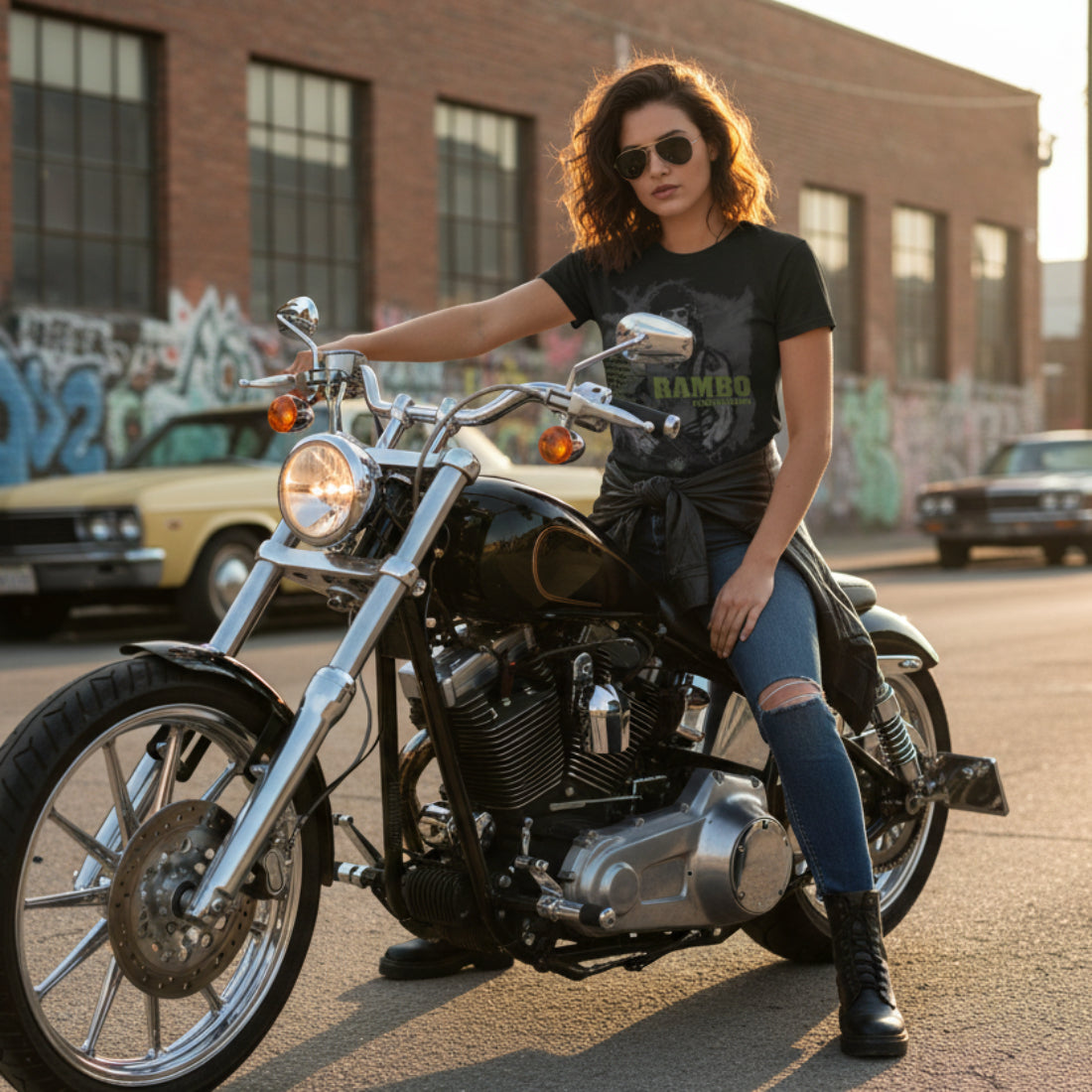 WOMAN WEARING RAMBO TEE RAM5109S, RAM5109M, RAM5109L, RAM5109XL, RAM5109XXL, RAM5109XXXL, RAM5109XXXXL, RAM5109XXXXXL
