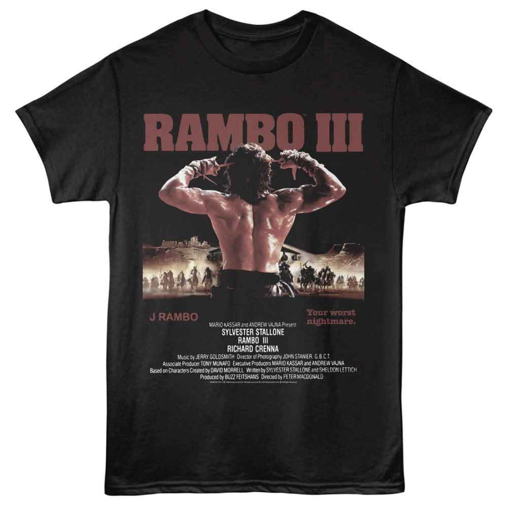 Black t-shirt with 'Rambo III' movie poster design featuring a muscular man and text.