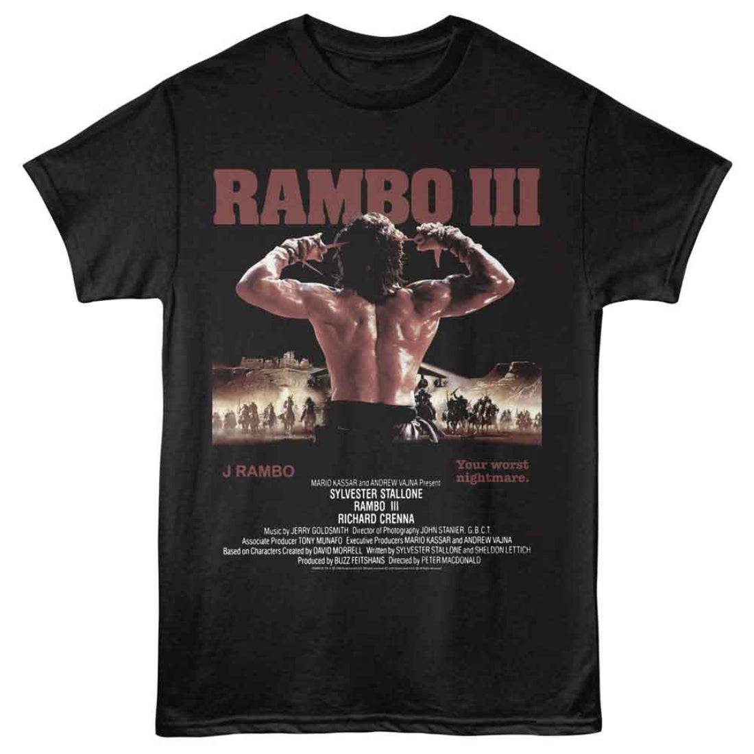 Black t-shirt with 'Rambo III' movie poster design featuring a muscular man and text.