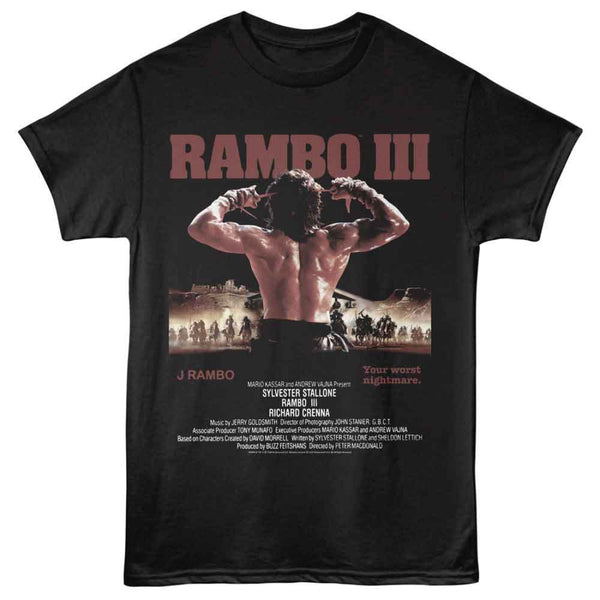 Black t-shirt with 'Rambo III' movie poster design featuring a muscular man and text.