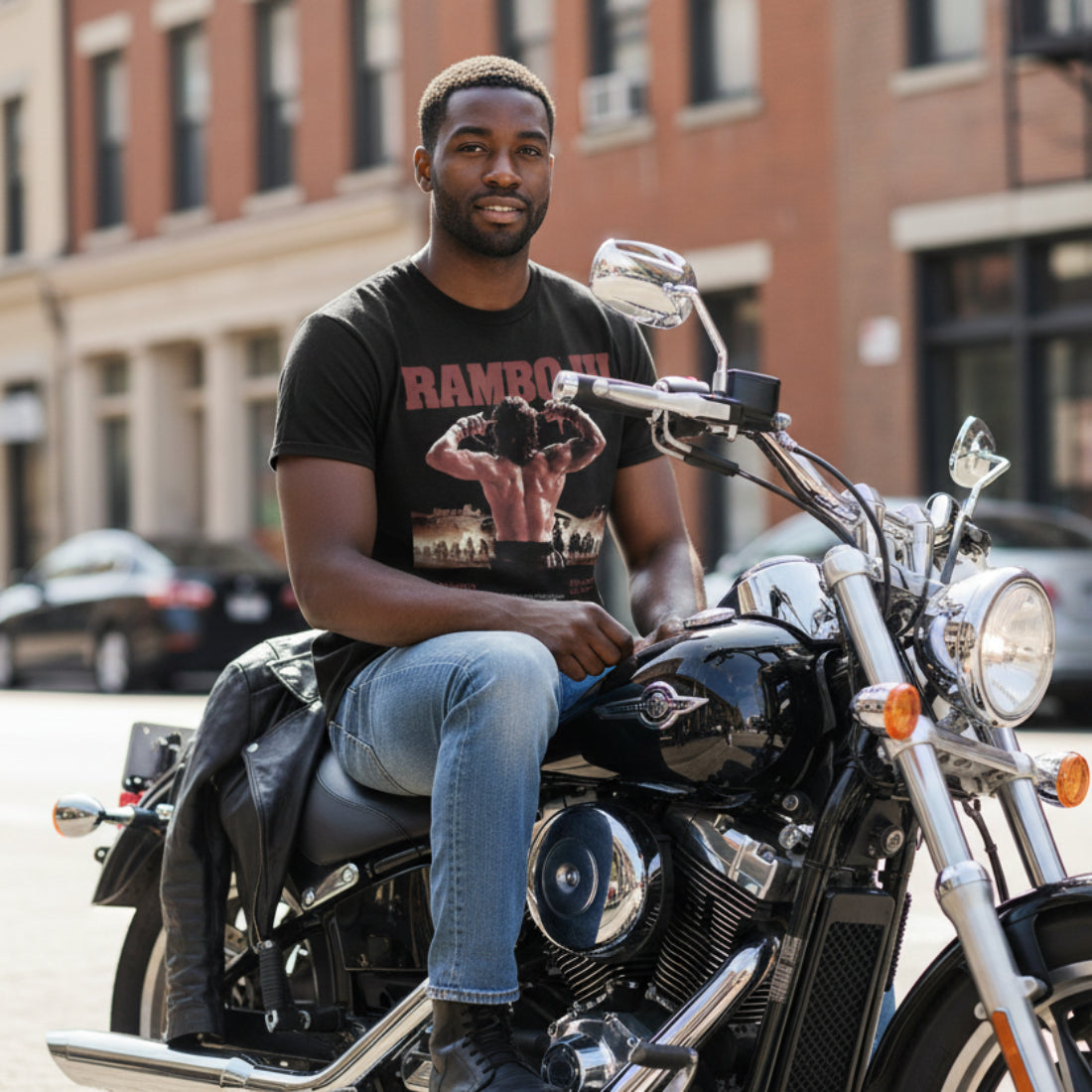 Man sitting on a motorcycle wearing Rambo tee in an urban setting RAM5110S, RAM5110M, RAM5110L, RAM5110XL, RAM5110XXL, RAM5110XXXL, RAM5110XXXXL, RAM5110XXXXXL