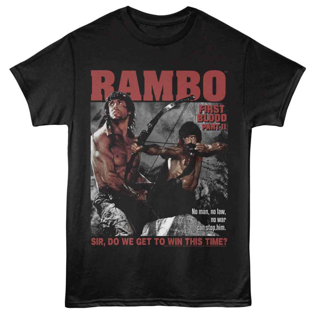 Black t-shirt with 'Rambo' graphic design featuring a archer and text.