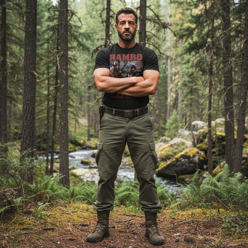 MAN WEARING Black t-shirt with 'Rambo' graphic design featuring a archer and text. RAM5111S, RAM5111M, RAM5111L, RAM5111XL, RAM5111XXL, RAM5111XXXL, RAM5111XXXXL, RAM5111XXXXXL