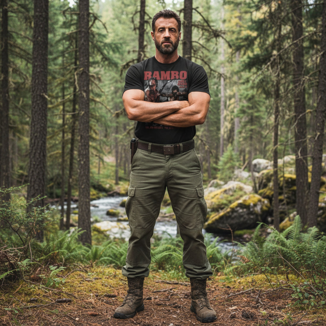 MAN WEARING Black t-shirt with 'Rambo' graphic design featuring a archer and text. RAM5111S, RAM5111M, RAM5111L, RAM5111XL, RAM5111XXL, RAM5111XXXL, RAM5111XXXXL, RAM5111XXXXXL